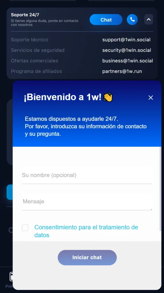 Zákaznická podpora 1win přes live chat
