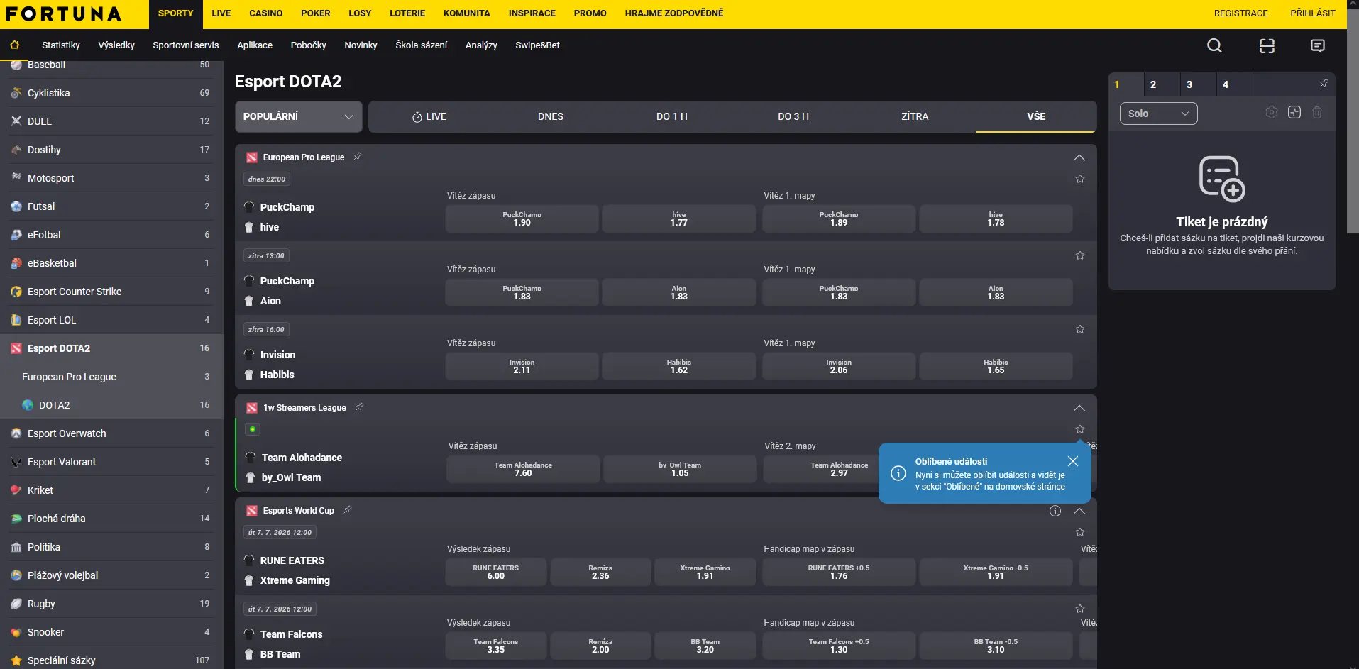 Fortuna kurzy na Dota 2 pro The International