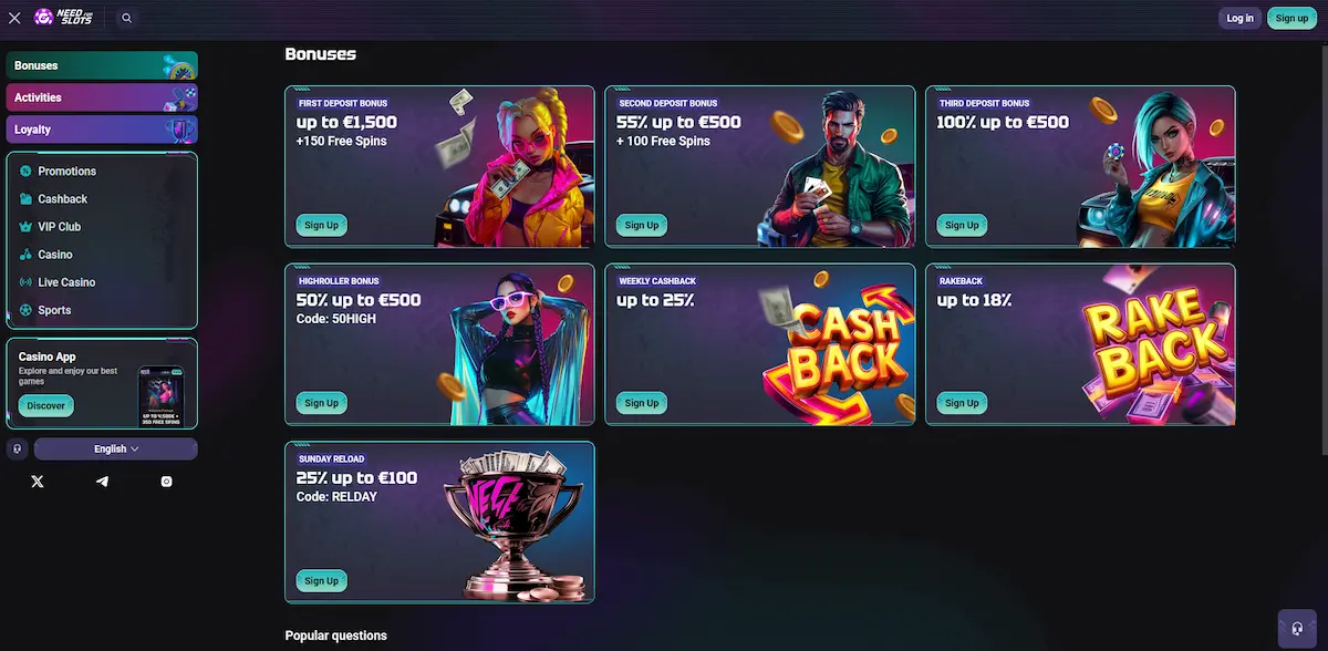 Needforslots uvítací balíček až 450 EUR na tři vklady
