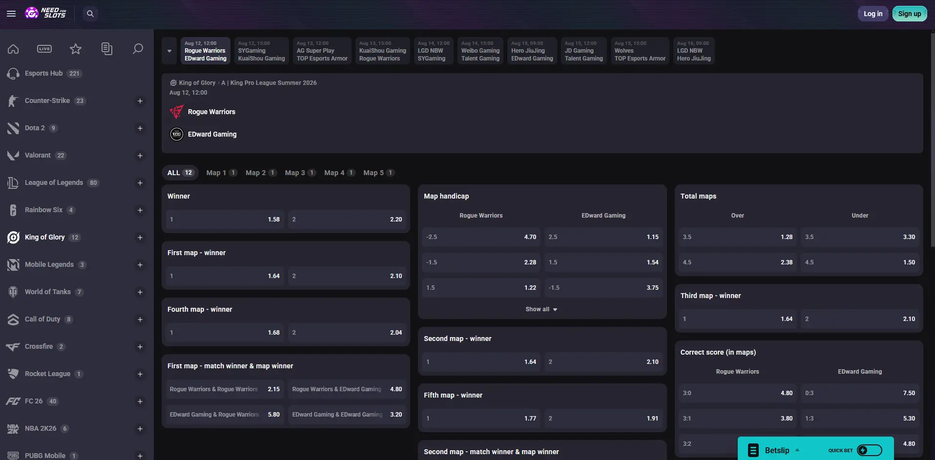 Needforslots Honor of Kings sázkové trhy pro King Pro League