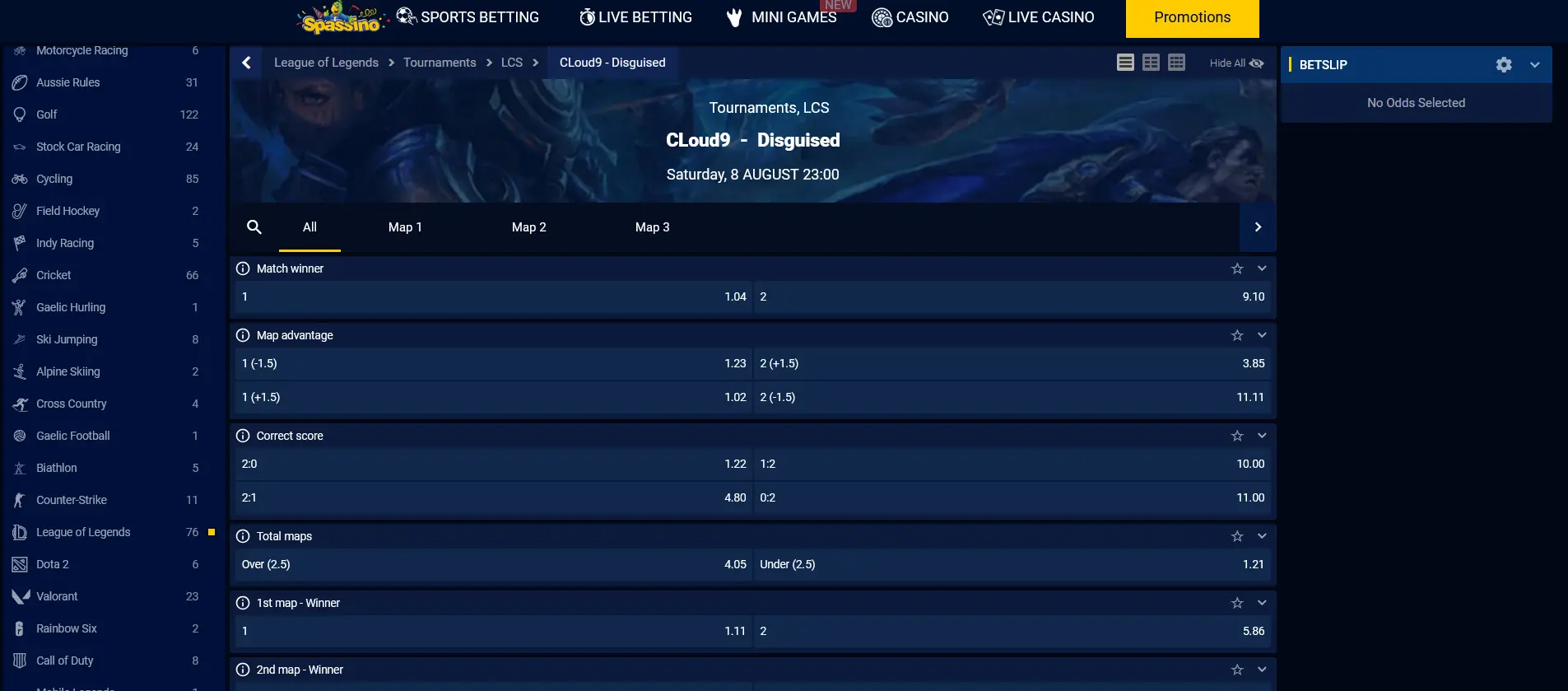 Kurzy na League of Legends u sázkovky Spassino